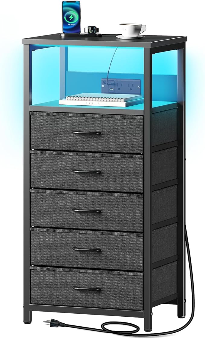 Seventable Night Stand with Charging Station, Tall Nightstand with 5 Fabric Storage Drawers, Side Table with LED Light for Bedroom, Entryway, Black, Set of 2