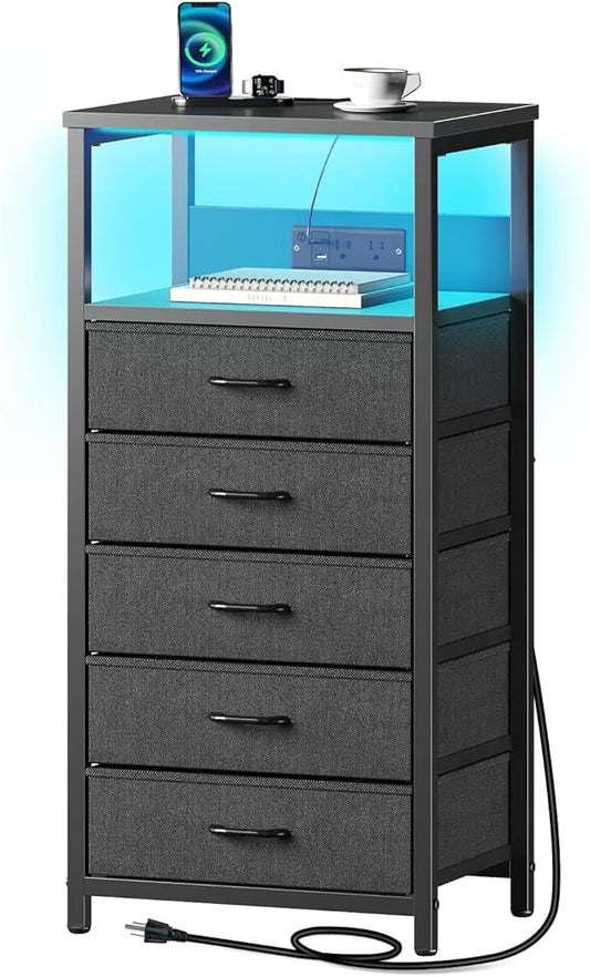 Seventable Night Stand with Charging Station, Tall Nightstand with 5 Fabric Storage Drawers, Side Table with LED Light for Bedroom, Entryway, Black, Set of 2