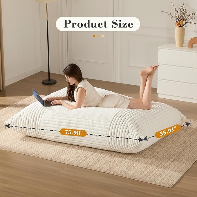 3-in-1 Giant Bean Bag Chair for Adults & Kid, Convertible Floor Sofa to Mattress, High-Density Foam Chair Bed with Washable Cover, Multi Functional Lounge Couch for Bedroom, Living Room (Beige)