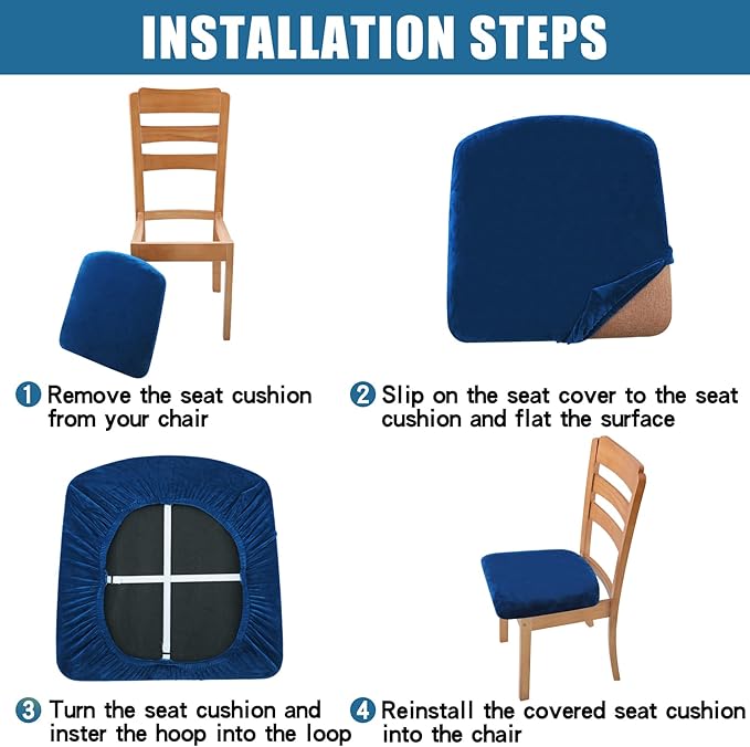 Smiry Velvet Seat Covers for Dining Room Chair Set of 2, Stretch Fit Removable Washable Chair Seat Cushion Protector Slipcovers with Ties, Federal Blue