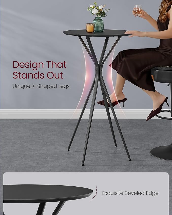 VASAGLE Bar Table, Round Cocktail High Top Pub Bistro Table for Events Party, Kitchen Dining, Home Bar, 23.6 x 23.6 x 41.3 Inches, Sturdy Metal Frame, Modern Style, Easy to Assemble, Black