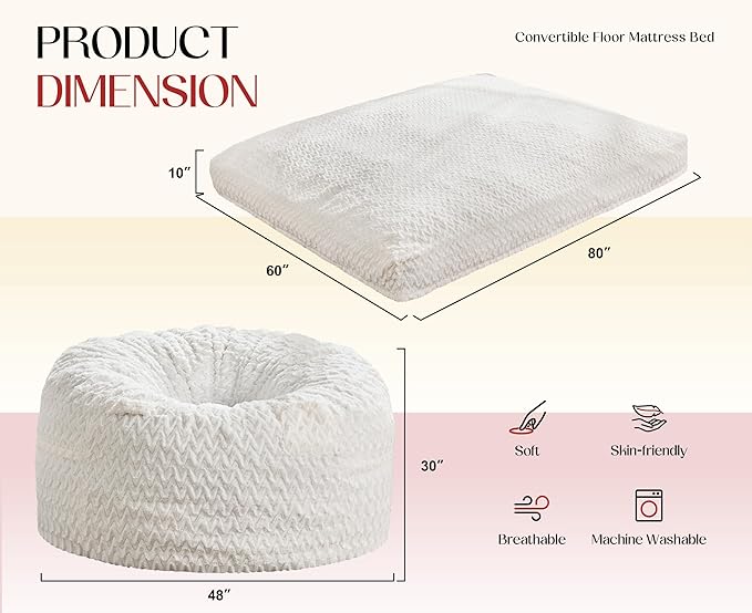 Hobestluk Bean Bag Chair Convertible Beanbag Chairs for Adults, 3 in 1 Bean Bags with Plush Chevron Cover, Adult Bean Bag Chair for Living Room, Bedroom (White, Queen)