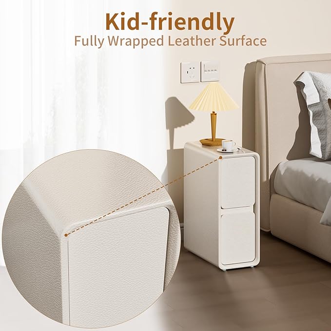 VICITON Modern Narrow Faux Leather Nightstand, Solid Wood Drawer, Storage Accent Table, Small Side End Table for Bedroom (Cream White, Narrow)