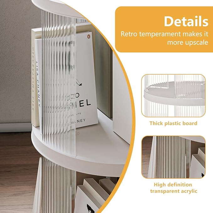 Rotating Bookshelf, 360°Display Spinning Bookshelf, 2 Tiers Moveable White Small Mobile Corner Bookcase Suitable for Bedrooms, Living Looms, Offices, and Study Rooms