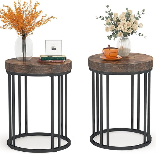 LITTLE TREE Round Side Table, End Table with Metal Frame, Small Wood Tables Tiny Coffee Accent Table Nightstand for Smaller Spaces, Living Room, Bedroom, Balcony (Brown, 2PCS)