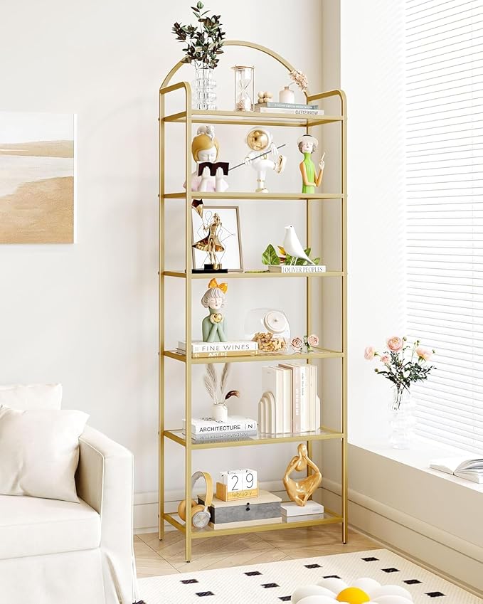 Bookcase Bookshelf, Tempered Glass Bookshelves, Slim Shelving Unit for Bedroom, Bathroom, Home Office, Steel Frame, 6 Tier Gold BC21699G