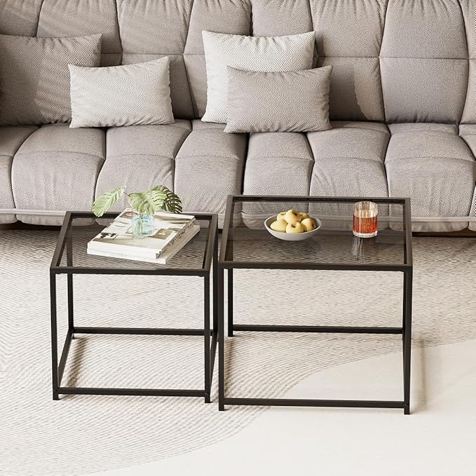 Garden 4 you Coffee Table Set of 2, Modern Glass Nesting Table, Metal Frame Square Center Table Set, Side Tables, Nesting Coffee Table for Living Room, Bedroom and Small Spaces, 23.6in Grey