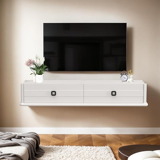 Pmnianhua High Gross Floating TV Stand,51'' Solid Wood Wall Mounted TV Console,Floating Entertainment Center with Door and Drawer,Under TV Shelf for TVs up to 60''(White)