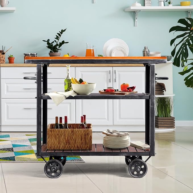 Vintage Rolling Bar Cart on Wheels Industrial Mobile Serving Cart Metal and Wood Design for Kitchen Bar Office Coffee House 36.2" Lx15.75 Wx30.5 H 3 Tier with 2 Side Handle