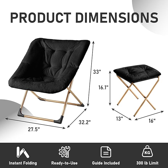Comfy Oversized Saucer Chair with Ottoman,Soft Faux Fur Reading Lounge Chair for Adults,Stable X-Large Metal Frame and Non-Slip Pad,Cozy Chair for Bedroom, Living Room, Dorm, Office, Black