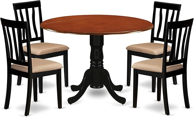 East West Furniture DLAN5-BCH-C 5 Piece Dining Table Set for 4 Includes a Round Kitchen Table with Dropleaf and 4 Linen Fabric Kitchen Dining Chairs, 42x42 Inch, Black & Cherry