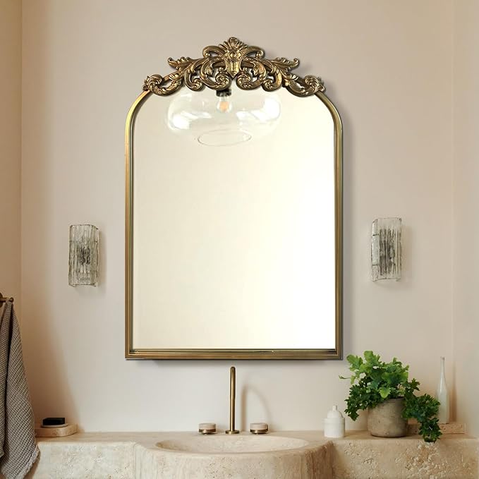 WAMIRRO Ornate Gold Mirror,Vintage Arched Baroque Antique Mirorrs for Living Room Hallway Fireplace Bathroom Entryway 19"X27"