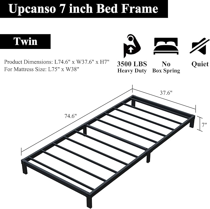 7 Inch Twin Bed Frames No Box Spring Need, Low Profile Metal Platform Twin Size Bed Frame, Heavy Duty Support Bedframes Twin, Easy Assembly