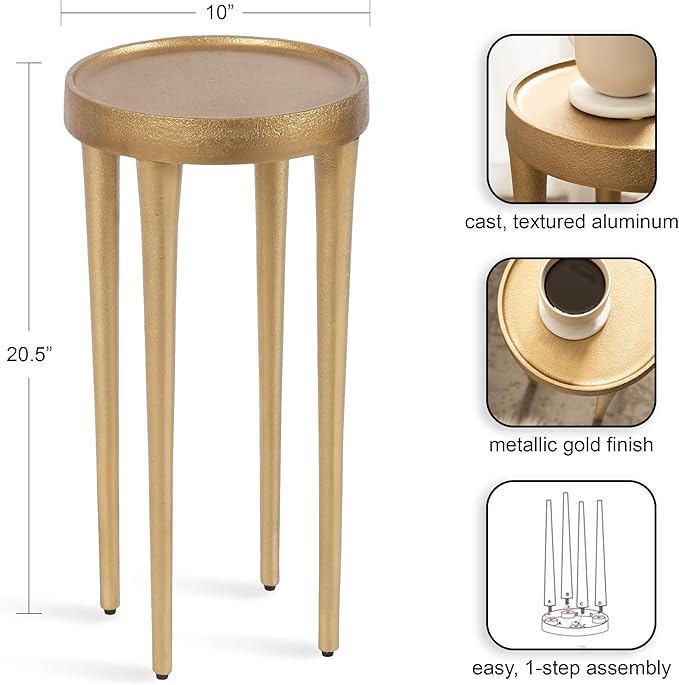 Kate and Laurel Rava Modern Round Metal Drink Table with Sandcast Aluminum Construction for Indoor Plant Stand, 10x10x21, Gold