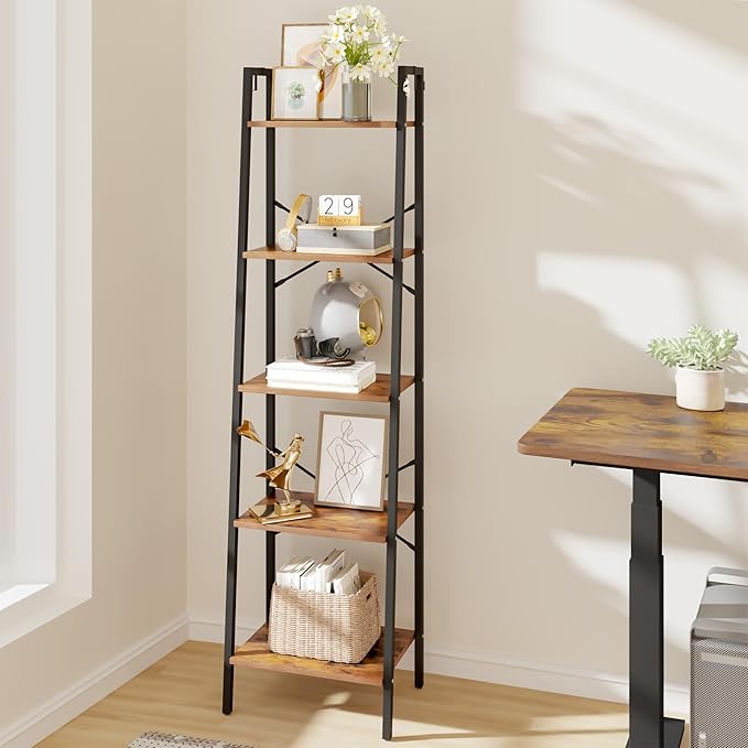 Ladder Shelf, Bookshelf Bookcase, Freestanding Corner Storage Shelve with 2 Hooks for Home Office, Living Room, Kitchen, Bedroom, Industrial, 5-Tier Rustic Brown BC19201B