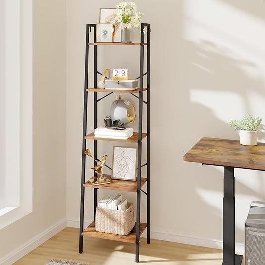 Ladder Shelf, Bookshelf Bookcase, Freestanding Corner Storage Shelve with 2 Hooks for Home Office, Living Room, Kitchen, Bedroom, Industrial, 5-Tier Rustic Brown BC19201B