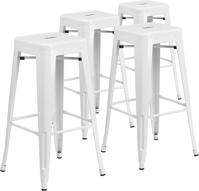 Flash Furniture Lily 4 Pack Commercial Grade 30" High Backless White Metal Indoor-Outdoor Barstool with Square Seat