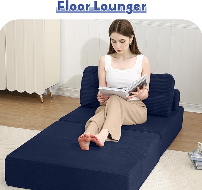 MeMoreCool Instant Guest-Ready Comfort — Convertible Folding Sofa Bed Chair with Pillow for Small Spaces & dorms, Removable Machine-Washable Cover, no Assembly, Space-Saving Floor futon, Navy