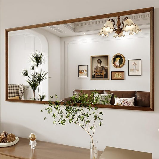 WEER Walnut Framed Mirror for Bathroom, 55x30 Inch Wall Mounted Mirror, Wood Grain Framed Vanity Mirror, Farmhouse Bathroom Mirror, Tempered Glass, Vertically or Horizontally, Anti-Rust