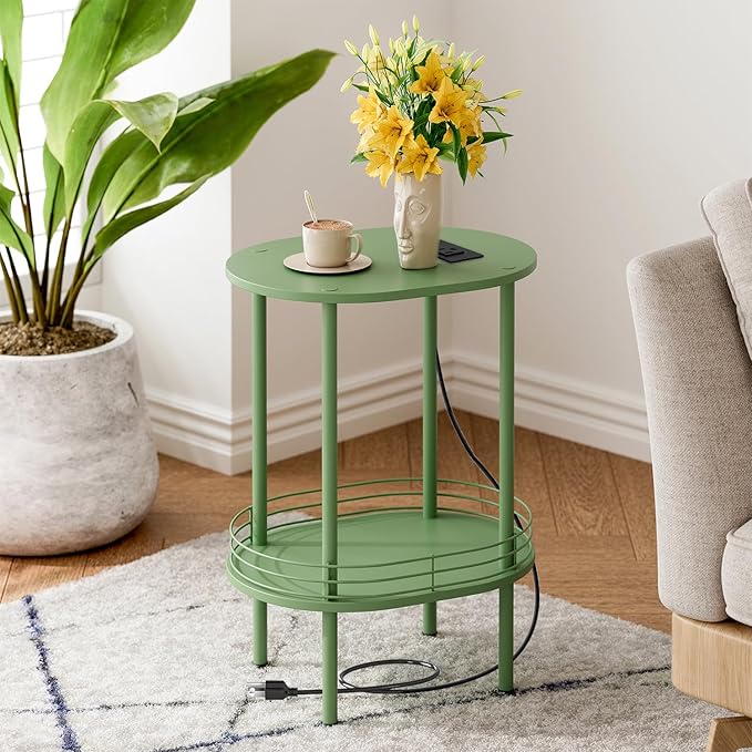 Small Round Side Table with Charging Station,Bedside Table with 2 USB Ports and Outlets, Morden Round Nightstand, Samll Side Table for Living Room,Bedroom, Nursery, Laundry, Green