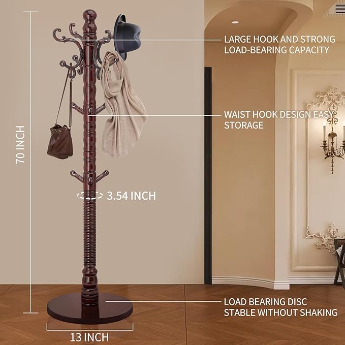 Wood Coat Rack Stand, Vintage Wooden Coat Rack Freestanding with Sturdy Round Base,Classic Coat Racks with 14 Hooks, Natural Birch Wood Standing Coat for Entryway (Vintage Round chassis)