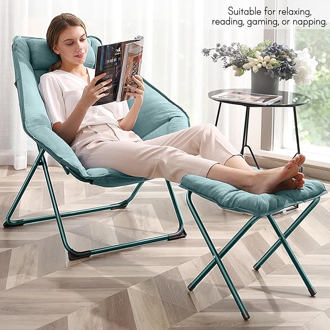 Hexagon Foldable Living Room Chair, Saucer Chair for Adults, Comfy Bedroom Lounge Chair, Moon Chair, Lazy Folding Chair for Dorm Rooms(Ottoman-Green)