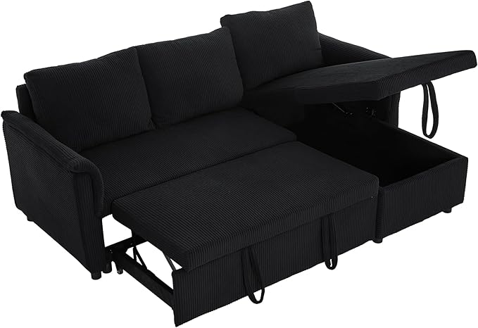 Ball & Cast L-Shape Reversible Sectional Sleeper Sofa Bed 4 in 1 Pull Out Couch with Storage Chaise&Removable Backrest,Convertible Sleeper Corner Couch Pull-Out Sofa Bed for Living Room,Corduroy,Black
