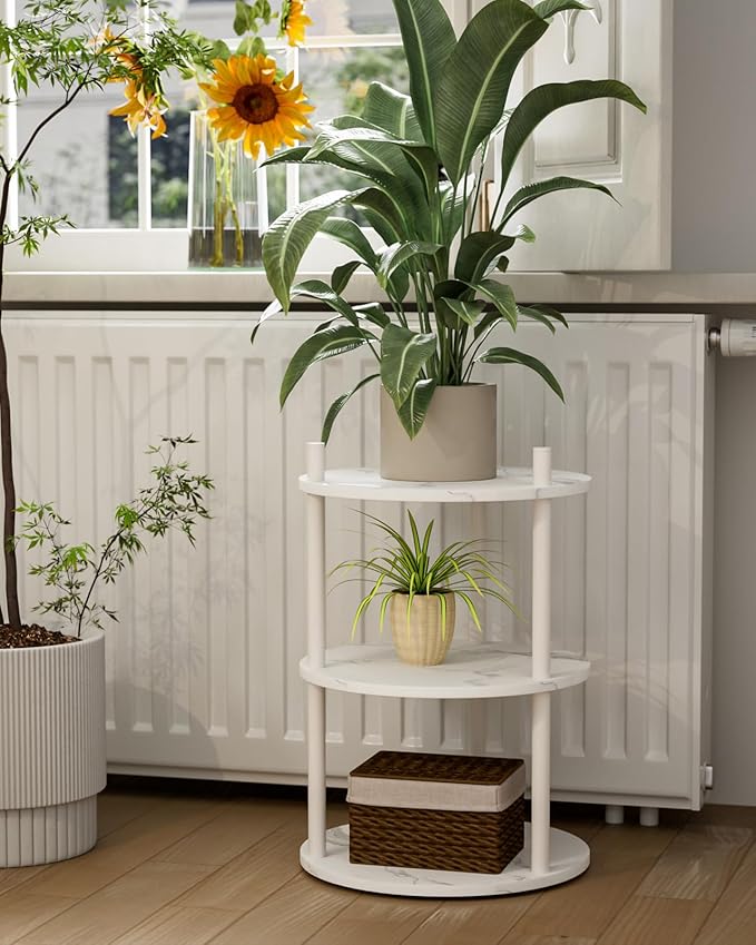 Small Round End Table - 3 Tier Design Accent Table, Narrow Side or Bedside Stand, Industrial Vintage Nightstand for Bedroom, Living Room, or Small Spaces, Set of 2, Marble White