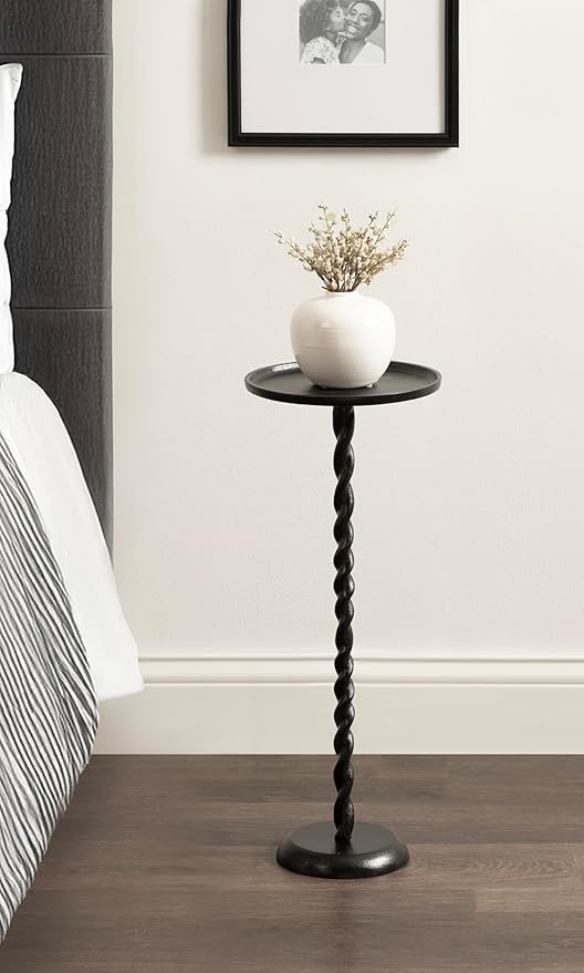Kate and Laurel Ropa Transitional Round Pedestal Drink Table, 9 x 9 x 22, Black, Decorative Cast Aluminum Mini Table with Spiral Rope Design for Use as Indoor Plant Stand or Living Room Accent