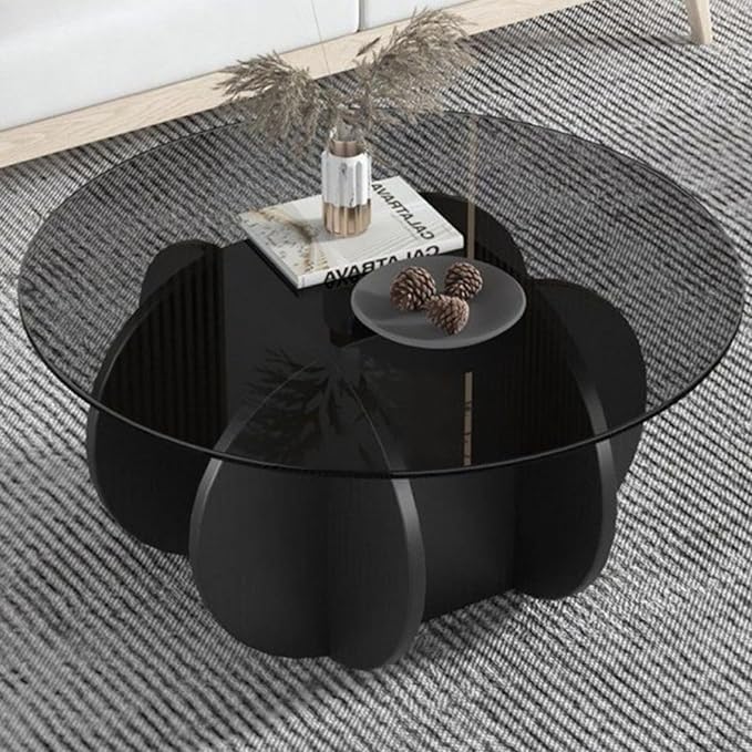 Black Coffee Table, 31.5" Round Glass Coffee Table for Living Room Mid Century Modern Coffee Table Unique Circle Center Table with Wood Base