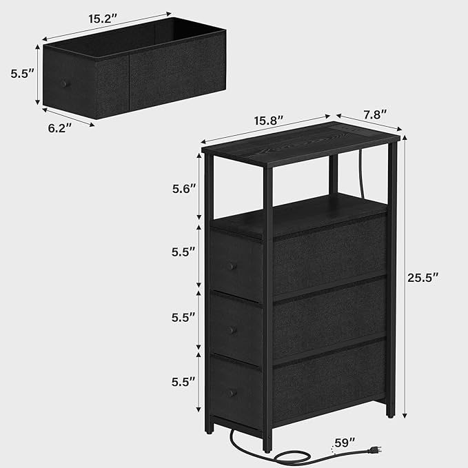 TUTOTAK Narrow Night Stand with Charging Station, Slim End Table with Plugins, Tall Side Table with 3 Fabric Drawer, Small Bedside Table with Storage, Living Room, Bedroom, Black TB01BK086