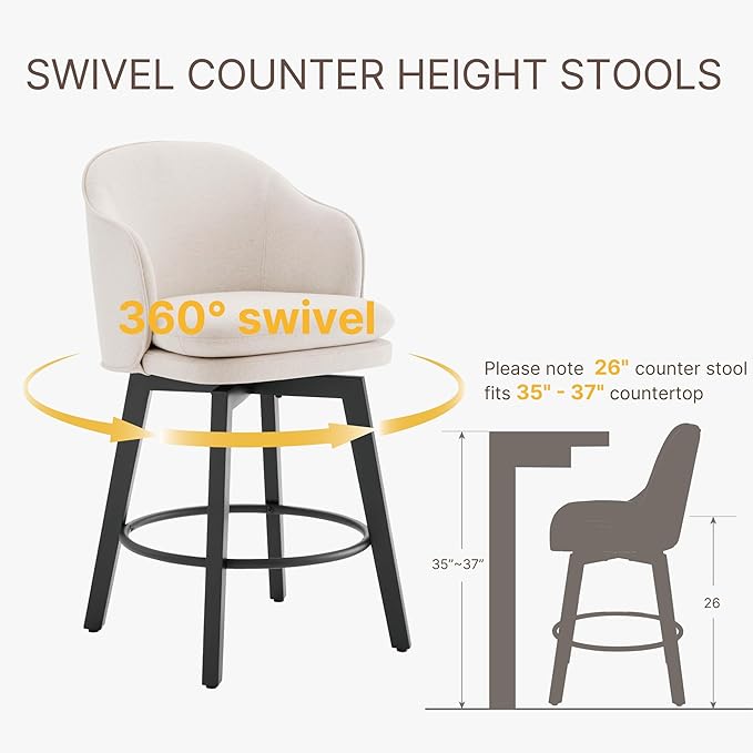 Counter Height Barstools 26 inch Upholstered Swivel Bar Stools with Back and Wood Legs for Kitchen Island,Set of 4,Beige Fabric