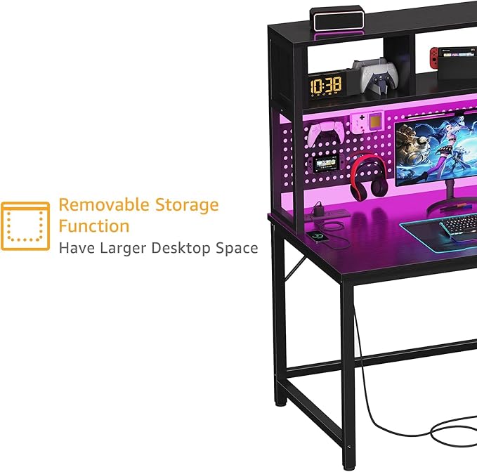 Black Gaming Desk with Hutch and Pegboard - 47 Inch Gaming Desk with Shelves Storage Power Outlets, Computer Teen Work Study Writing Desks for Bedroom Home Office