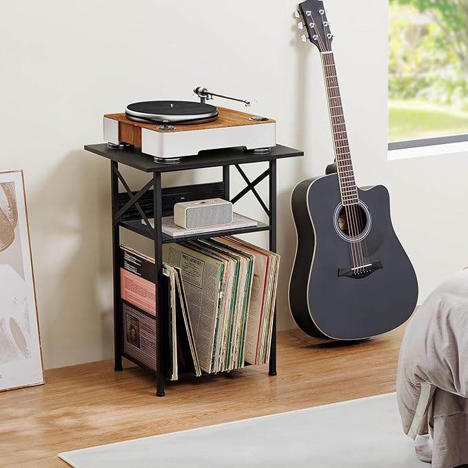 AMHANCIBLE Record Player Stand with Charging Station, Large Turntable Stand with Storage Cabinet, 3 Tier End Table Hold Up to 100 Albums, Record Stand for Vinyl, Living Room, Black, HETCD012BK-1