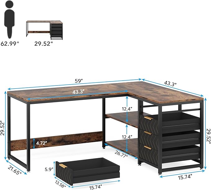 LITTLE TREE 59-Inch L Shaped Desk with Drawers, Large Computer Desk with Storage Shelves, Reversible L-Shaped Corner Desk Workstation for Home Office