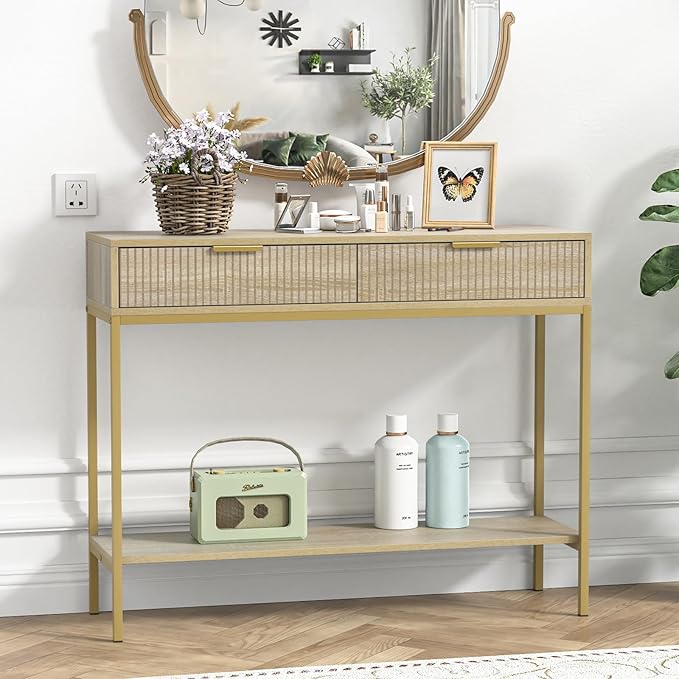 Anmytek Console Table with Storage, Wood Entryway Table with 2 Drawers, Narrow Long Sofa Table Hallway Foyer Table with Storage Shelves Behind Couch Table for Living Room, H0117