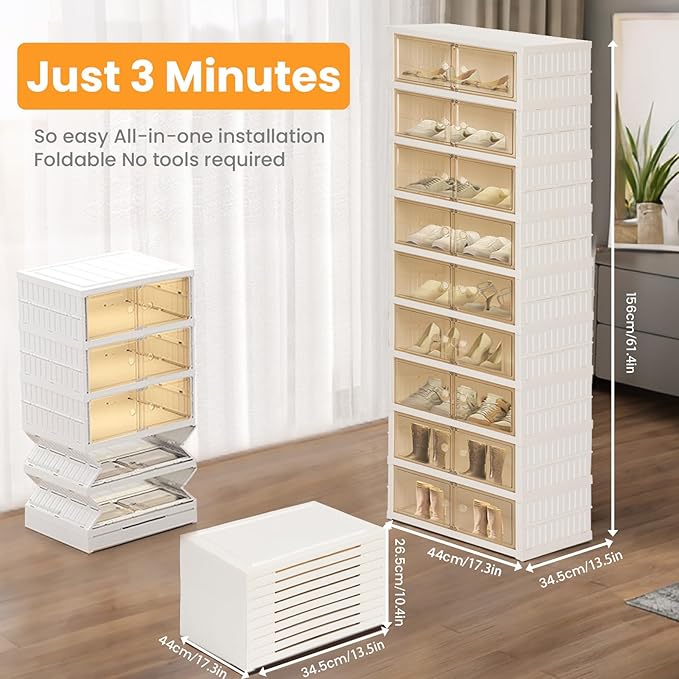 Foldable Shoe Organizer Storage Box, Portable Extra Large Folding Shoe Rack for Closet, Shoe Storage Box with Magnetic Transparent Door and Wheels, 9 Layers 18 Grids.