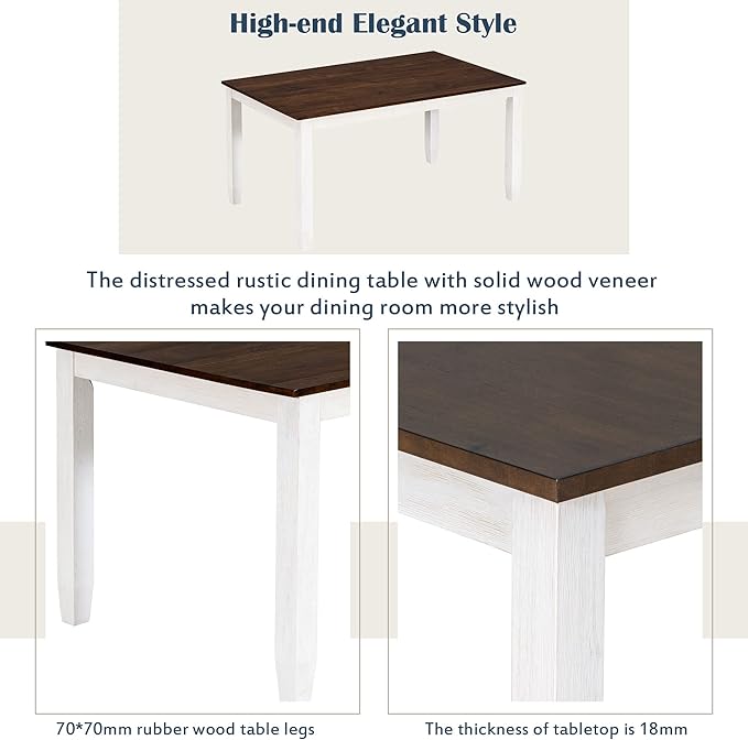 6 Pieces Dining Table Set with 1 Bench & 4 Ergonomic Designed Chairs,Wooden Living Room Furniture W/ 60" Rectangle Kitchen Desk,for Restaurant,Home Bistro,Walnut+Cottage White