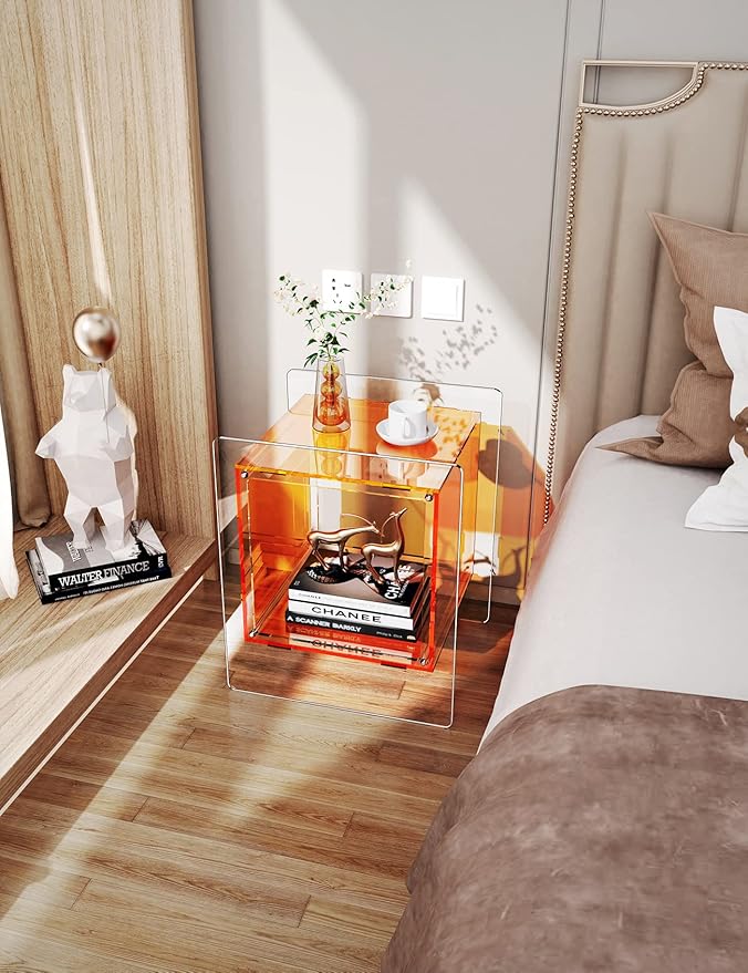 Acrylic Nightstand Colorful Bedside Table with Open Storage Shelf,Clear Side Table for Living Room (1, Orange)