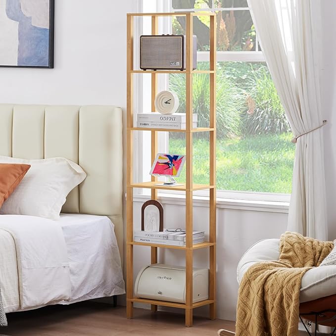 66in Tall Bookshelf 6-Tier Small Narrow Bookcase, Skinny Book Shelf for Small Space, Farmhouse Slim Shelf with Storage, Wood Freestanding Display Thin Bookshelves for Living Room, Natural