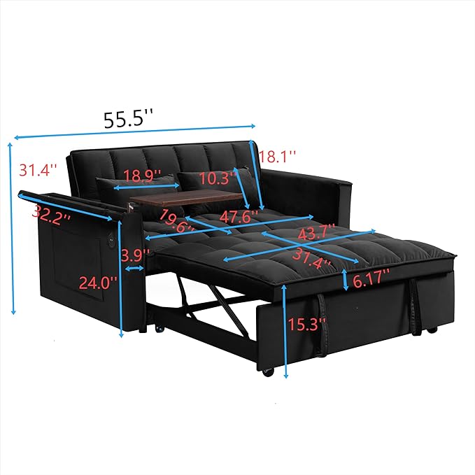 Ball & Cast 55" 3 in 1 Sleeper Sofa Bed Velvet Upholstered Pull Out Couch with Adjustable Back & 2 Pillows,Convertible Futon Sofa Bed W/Hidden Side Table,Side Pocket & USB Port,for Living Room,Black