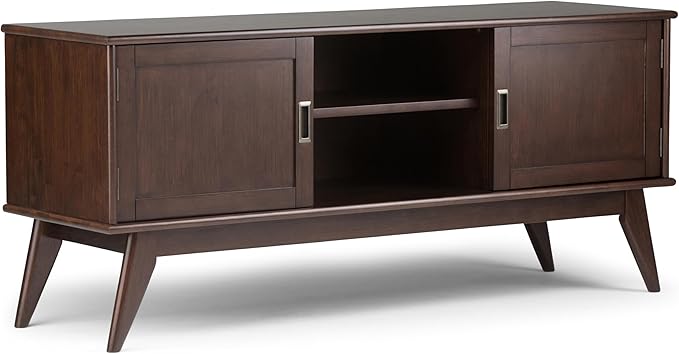 SIMPLIHOME Draper SOLID HARDWOOD 60 inch Wide Mid Century Modern TV Media Stand in Medium Auburn Brown For TVs up to 65 inches for the Living Room and Entertainment Center