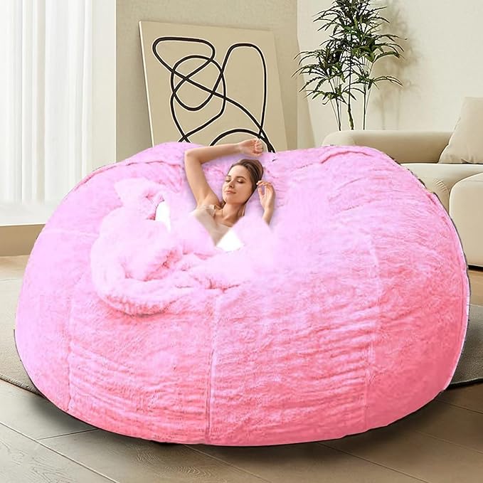 Bean Bag Chair Cover for Kids Adults Without Filling Comfy Giant Round Lazy Sofa Covers for Bedroom Living Room, 7FT, Pink