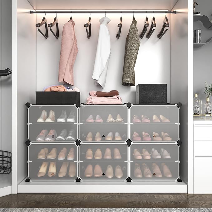ROJASOP Portable Shoe Rack Organizer 6-Tier Shoe Cabinet 24-Pair shoe Storage Expandable Free Standing Stackable Space Shoe Rack with 2 exclusive Versatile Hooks for Bedroom Black