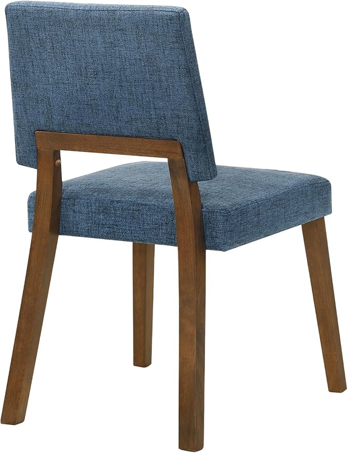 Armen Living Channell Mid Century Modern 6 Piece Walnut Wood Dining Table Set with Bench in Blue Fabric