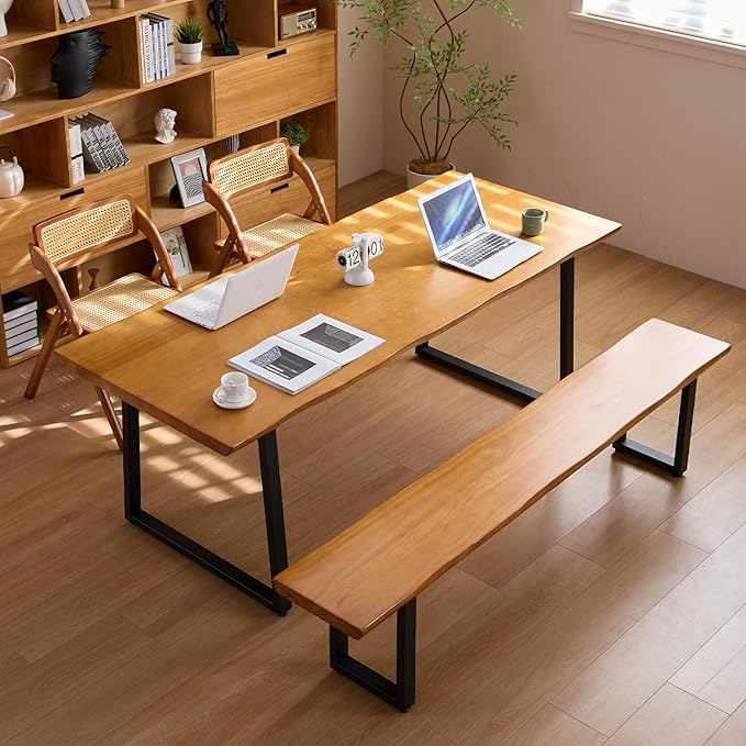 Durable Solid Wood Top Bench with Sturdy Metal Legs – Versatile Dining & Office Seating - Multi-Size Options Ideal for Living Room, Dining Room, and Home Office(Dark yellowbench, 70.87in)