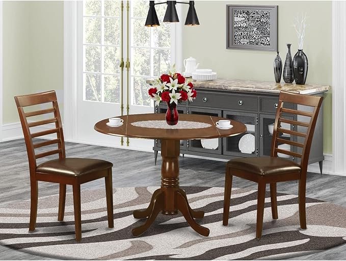 East West Furniture DLML3-MAH-LC 3 Piece Dining Room Furniture Set Contains a Round Kitchen Table with Dropleaf and 2 Faux Leather Upholstered Dining Chairs, 42x42 Inch, Mahogany