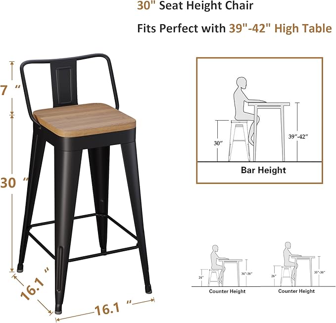 WENTMENT Bar Stools Set of 4 Counter Height Metal Barstools with Removable Back 30" Kitchen Bar Stools with Wooden Seat, Black