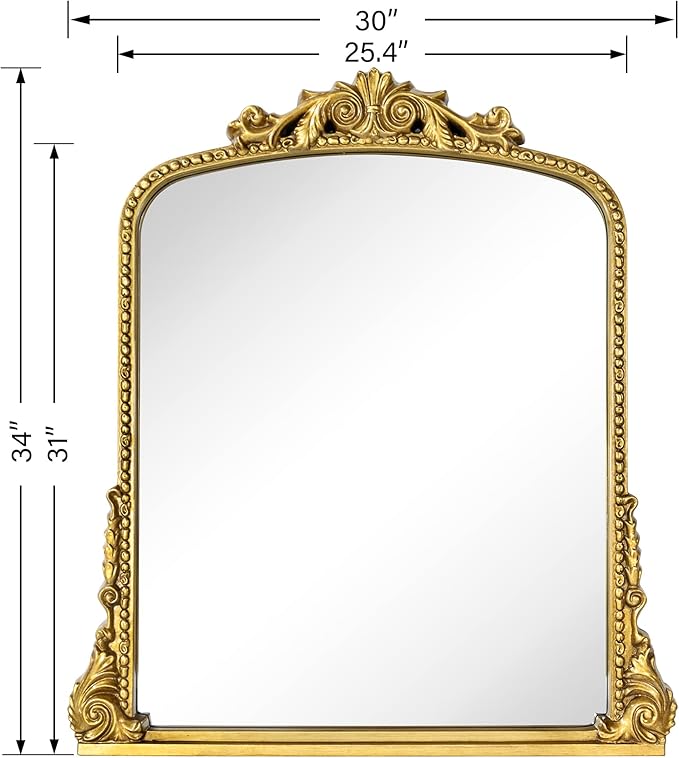 Antiqued Gold Ornate Mirror Arched Mantel Wall Mirror Baroque Inspired Bathroom Vanity Rectangle Wall Mounted Mirror, 30 x 34''