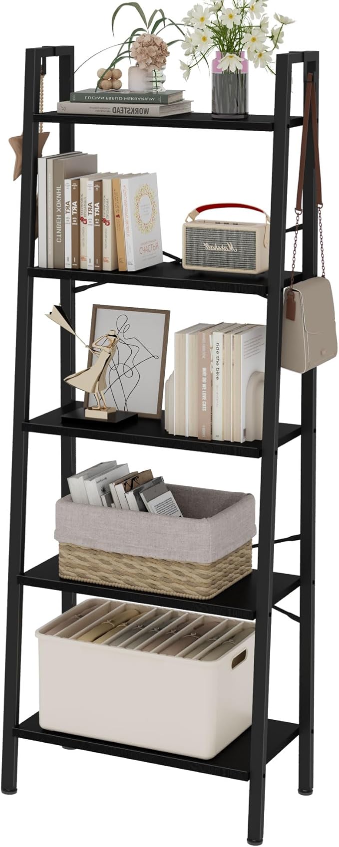 Ladder Shelf, Bookshelf Bookcase, Freestanding Corner Storage Shelve with 2 Hooks for Home Office, Living Room, Kitchen, Bedroom, Industrial, 5-Tier Black BC19304B